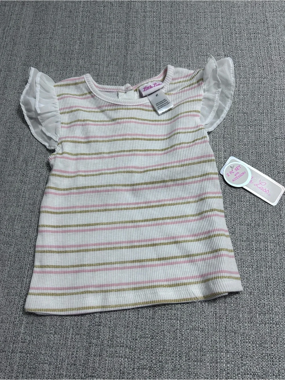 Little Lass Unicorn Overall Romper Striped Ruffle Sleeve Tee w Hat Size 4T NWT